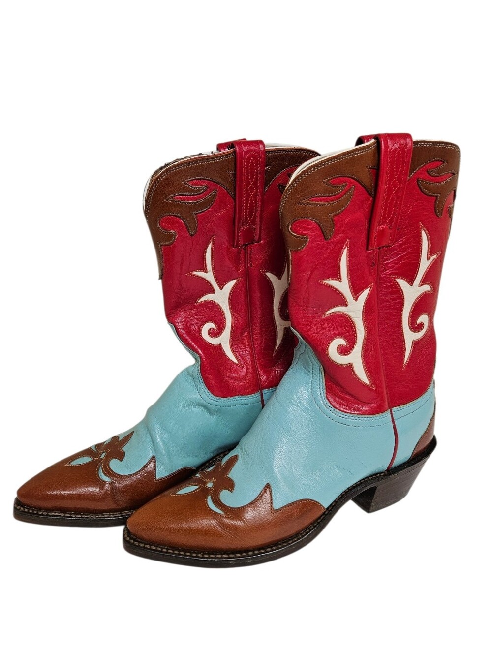 Vintage LUCCHESE Multi Color Leather Western Cowboy Boots Pointy Leather Sz 6.5